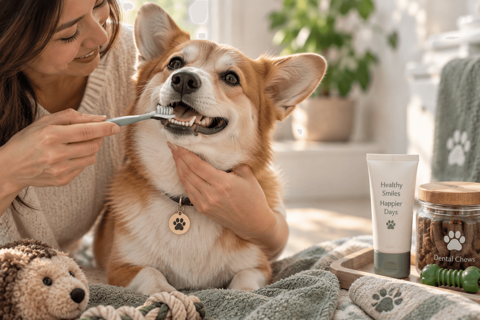 Pet parent brushing a dog's teeth