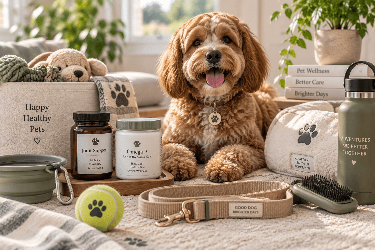 Dog surrounded by pet-care products