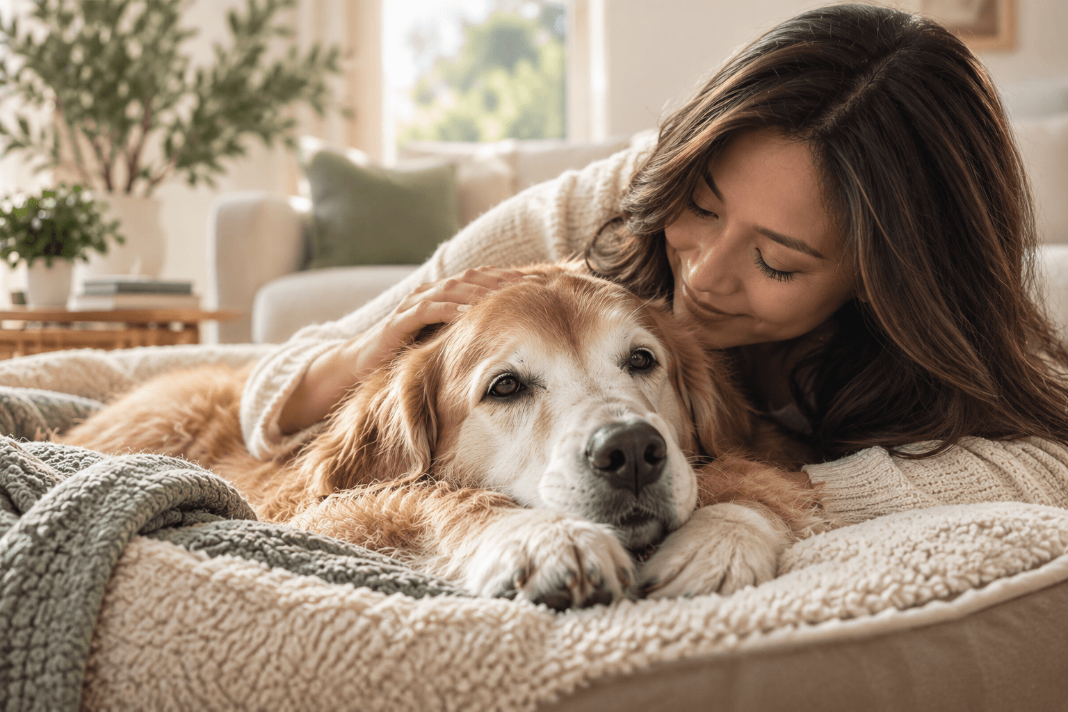 Senior dog resting comfortably with a pet parent